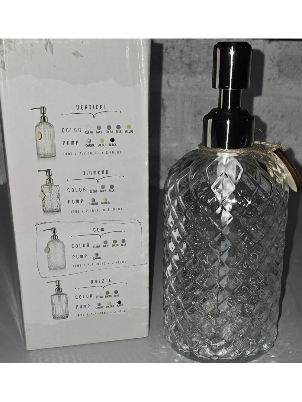 JASAI 18Oz Gem Patterned Clear Glass Soap Dispenser Rust Proof Pump & Wooden Tag